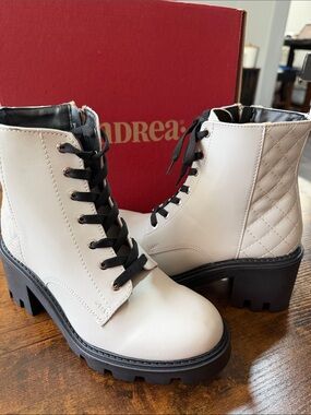 ANDREA FENZI White Quilted Lace-Up Combat Boots with Black Lug Sole